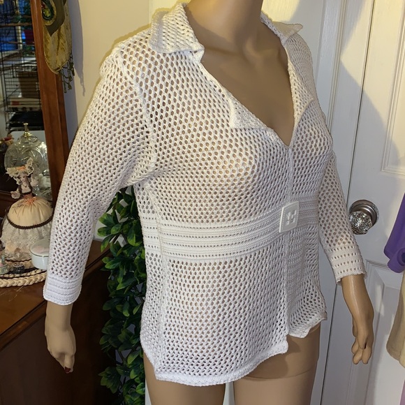 WHITE Knit crochet 60s mod style sweater pullover tunic top M - Picture 7 of 11